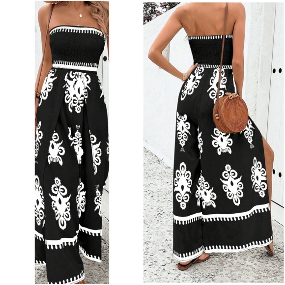 Boho print Smocked Wide Leg Jumpsuit - Picture 2 of 3